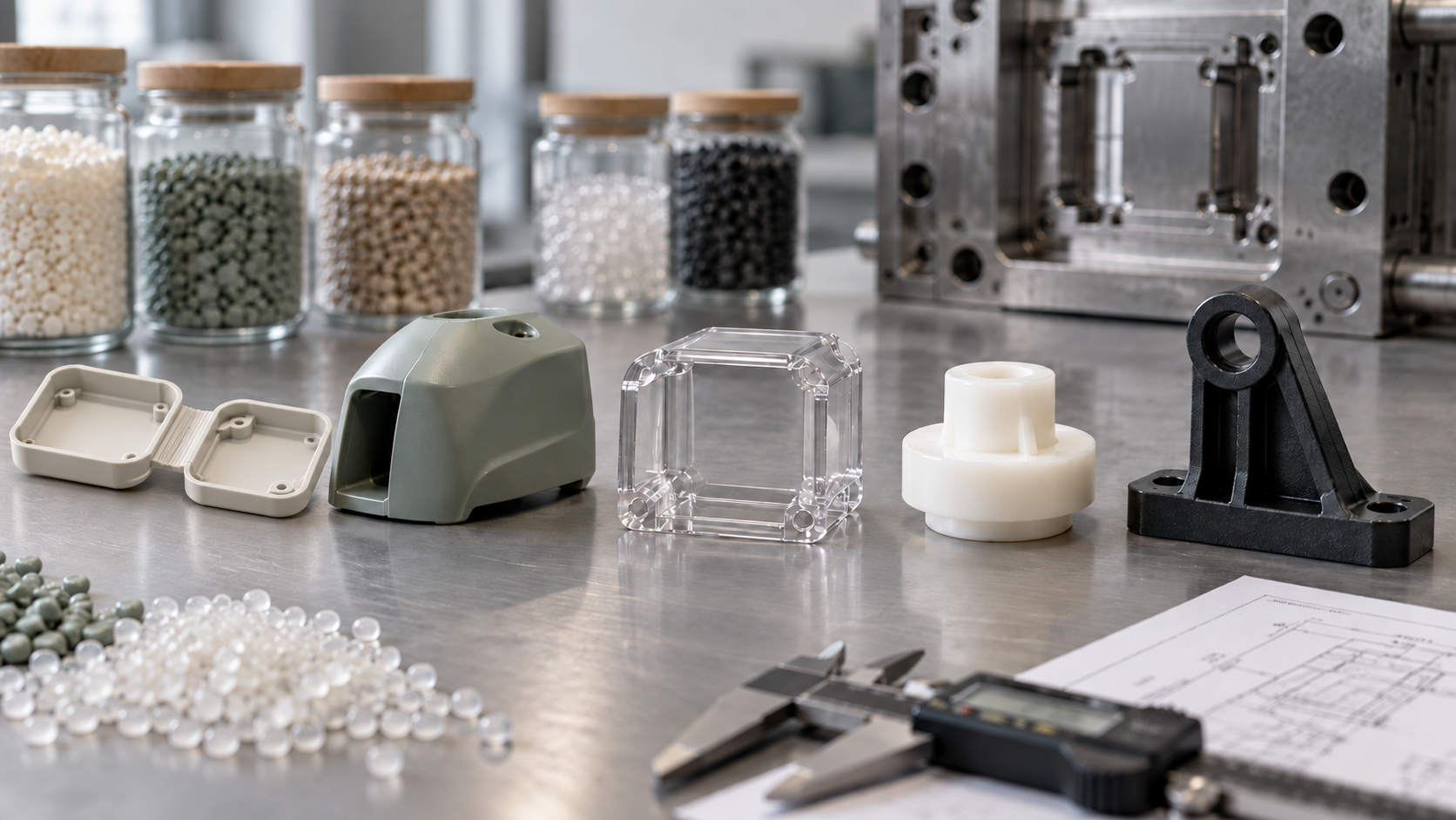 Selection of moulded components in different materials on a bench